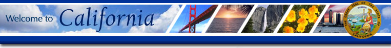 Welcome to  California - images of Golden Gate Bridge, ocean sunset, waterfall, flowers, and city  skyline